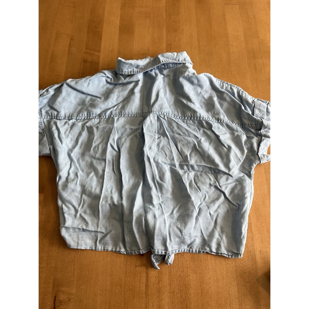 Love Tree Cute Tie Front CROP Top Shirt Short Sleeve Button Front Blue Medium - Picture 8 of 8